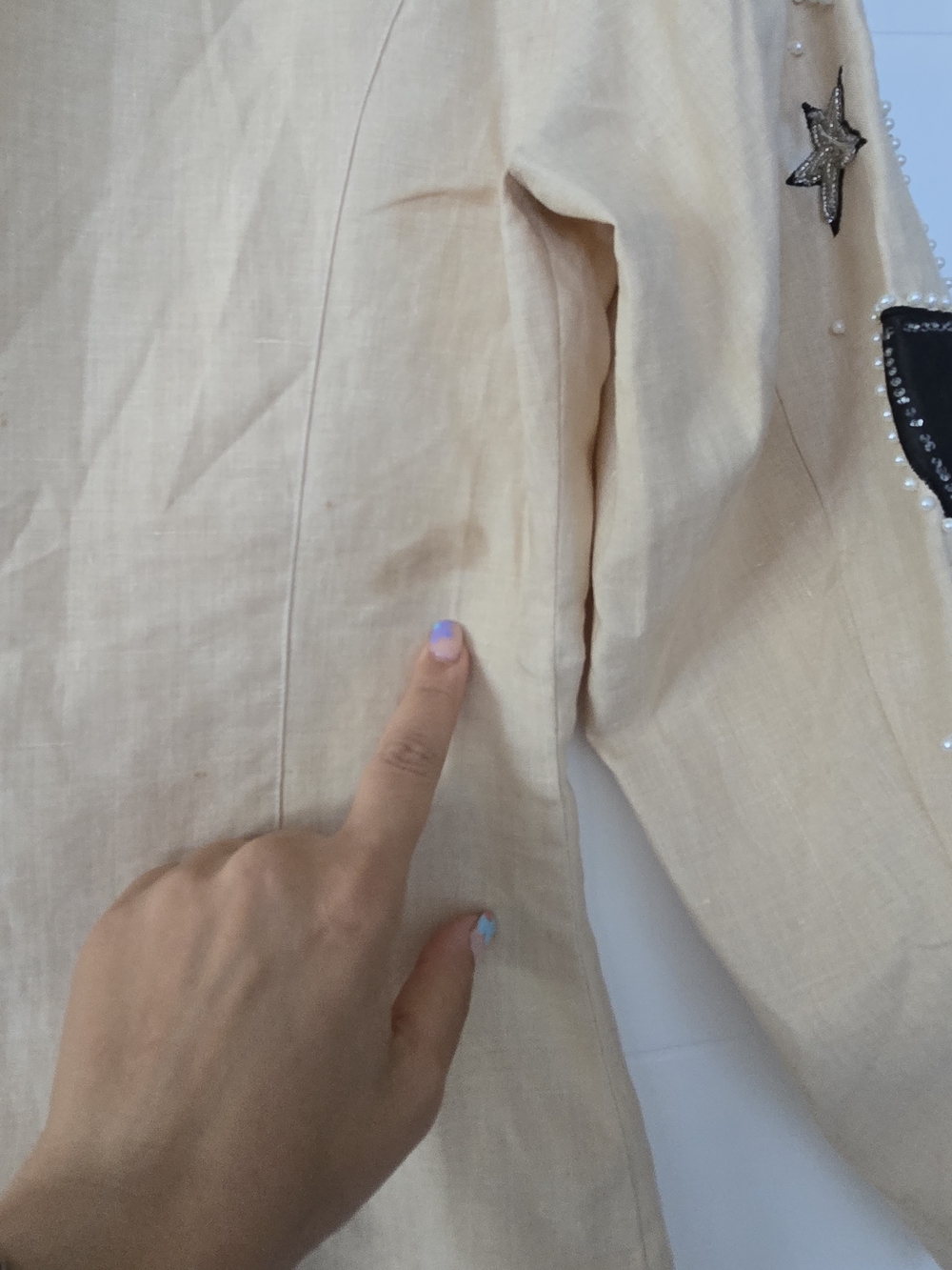 Vintage Ann Gerlin 100% Linen Beaded Skirt Suit Set Tan Stars Hearts Size 6 - Picture 7 of 16
